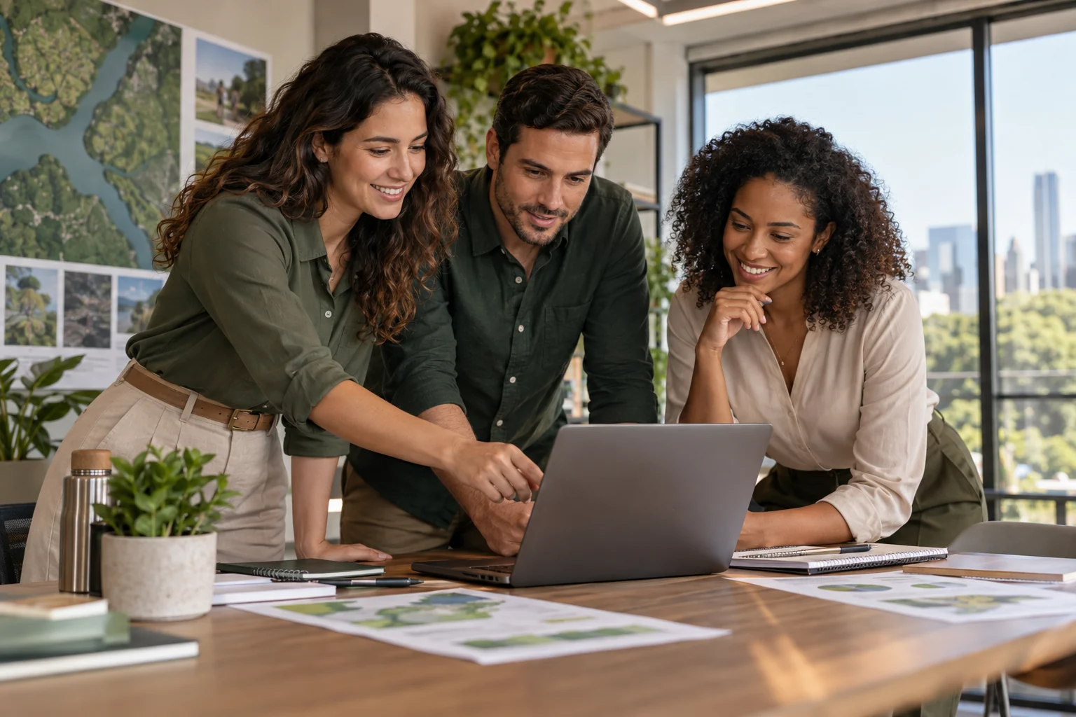 Profissionais reunidos em torno de um notebook durante o planejamento de um projeto ambiental